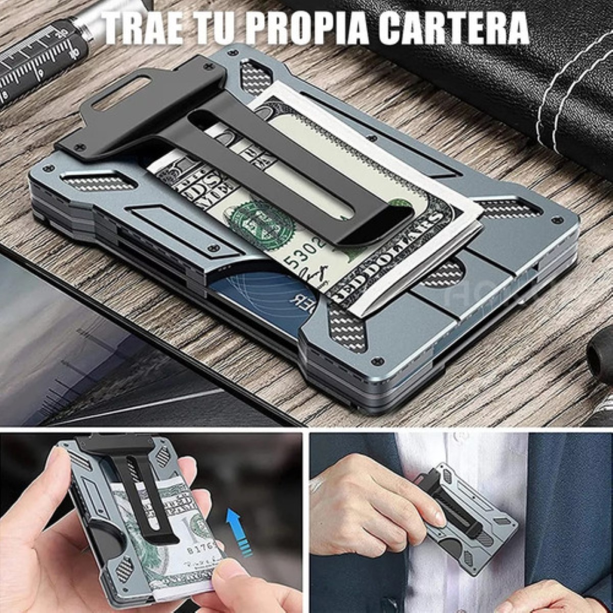 Cartera Rfid Hombre Tarjetero Billetera Fibra De Carbono, Gris Claro