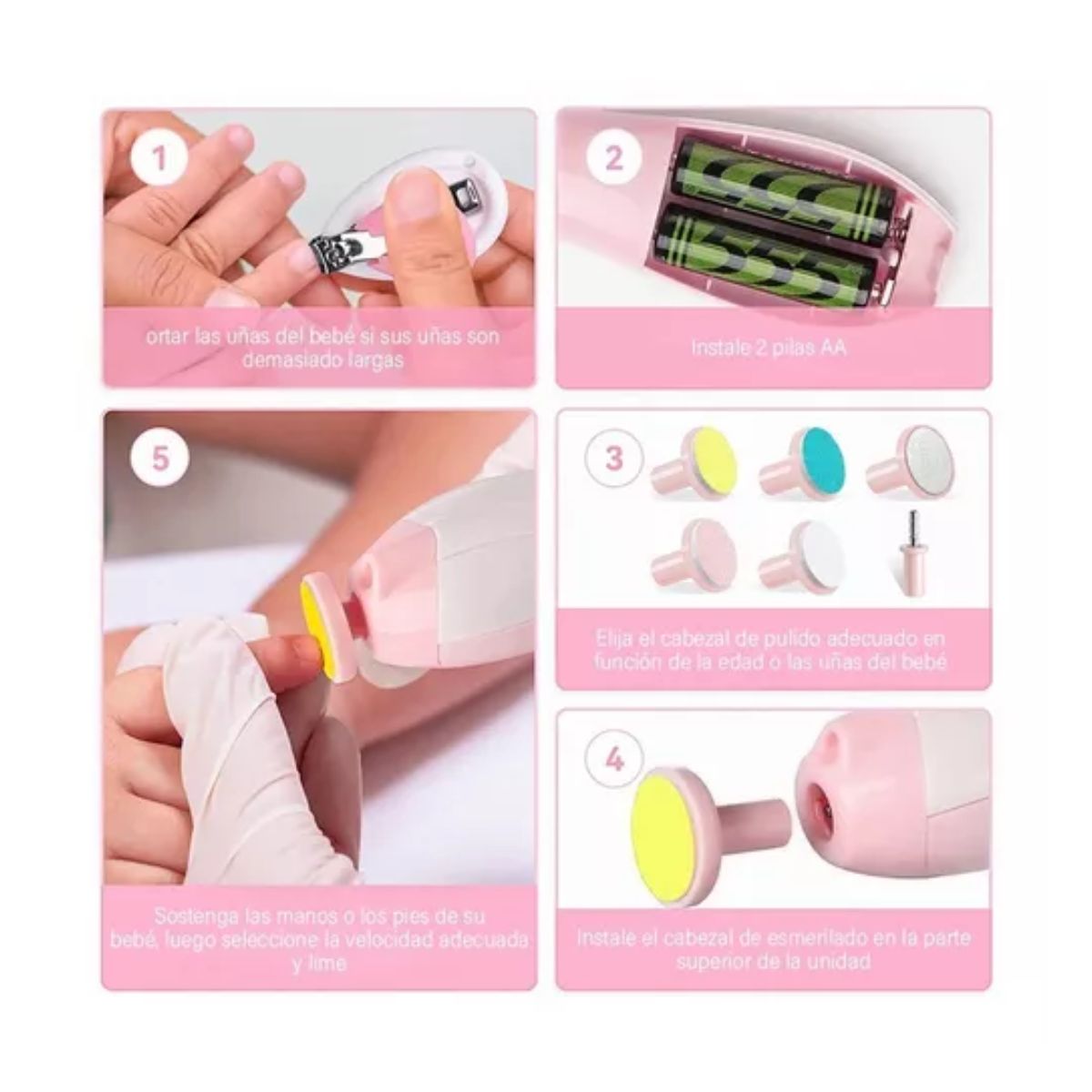 Lima De Uñas Eléctrica Para Adultos Y Bebés Con Luz Led 6 en 1, Rosa