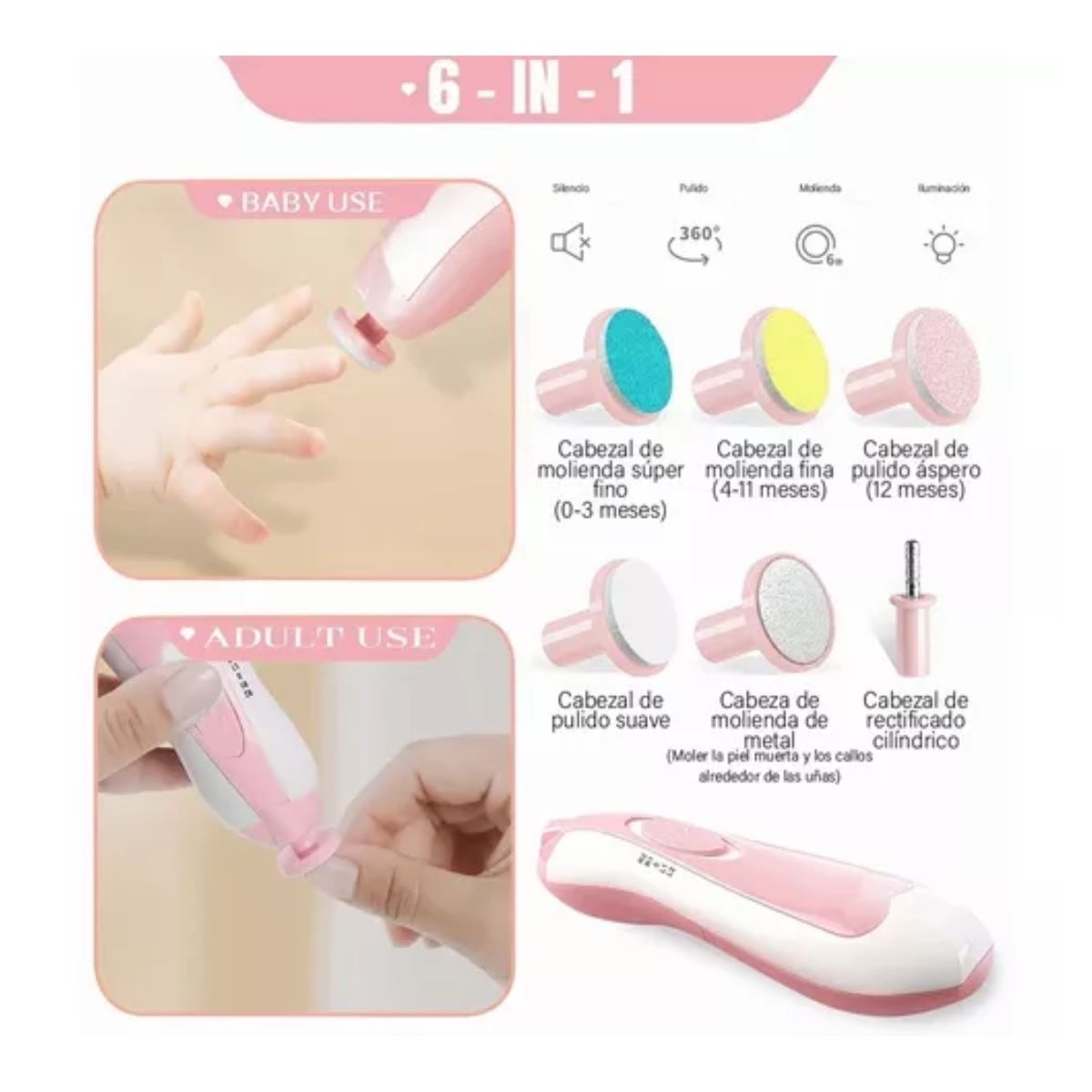 Lima De Uñas Eléctrica Para Adultos Y Bebés Con Luz Led 6 en 1, Rosa