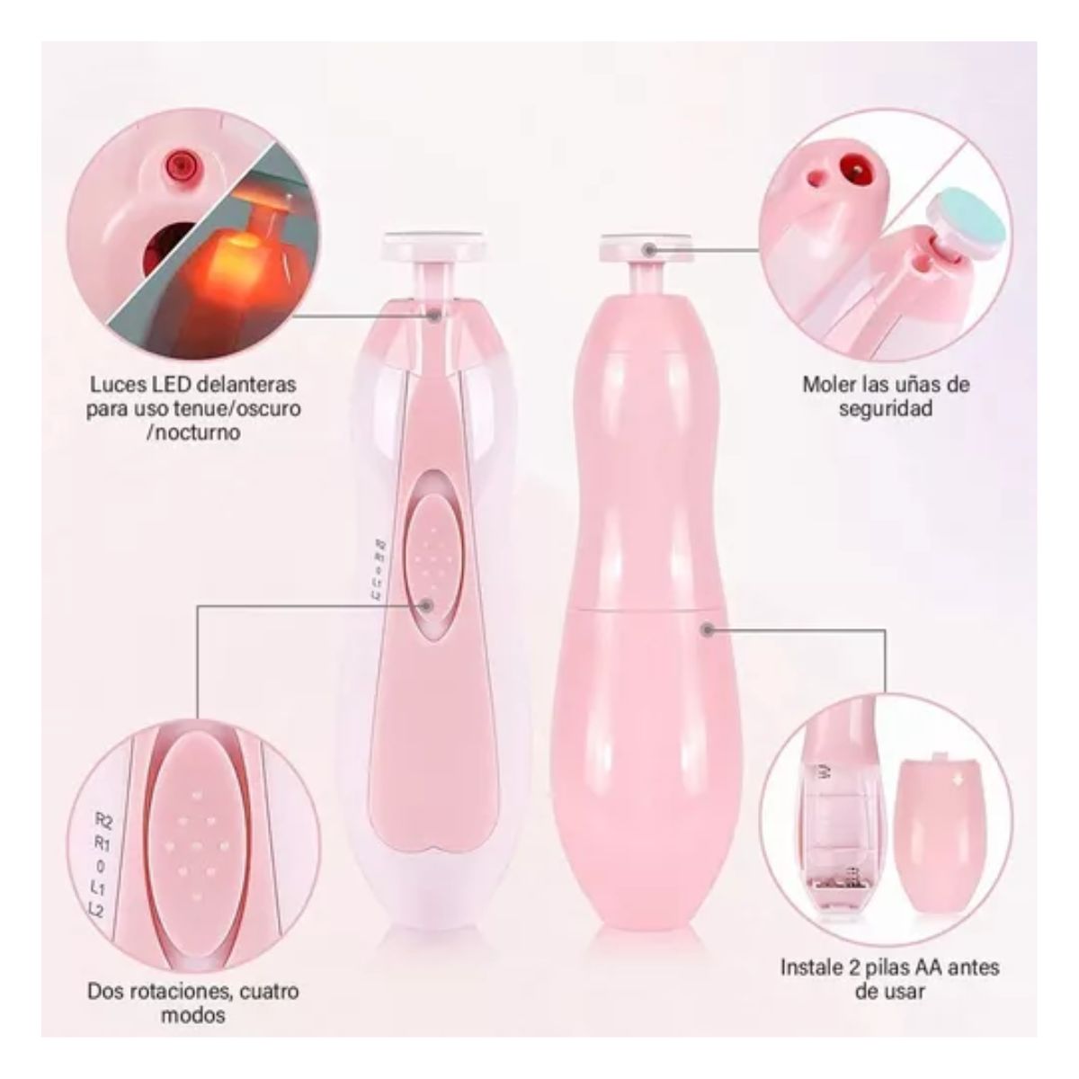 Lima De Uñas Eléctrica Para Adultos Y Bebés Con Luz Led 6 en 1, Rosa