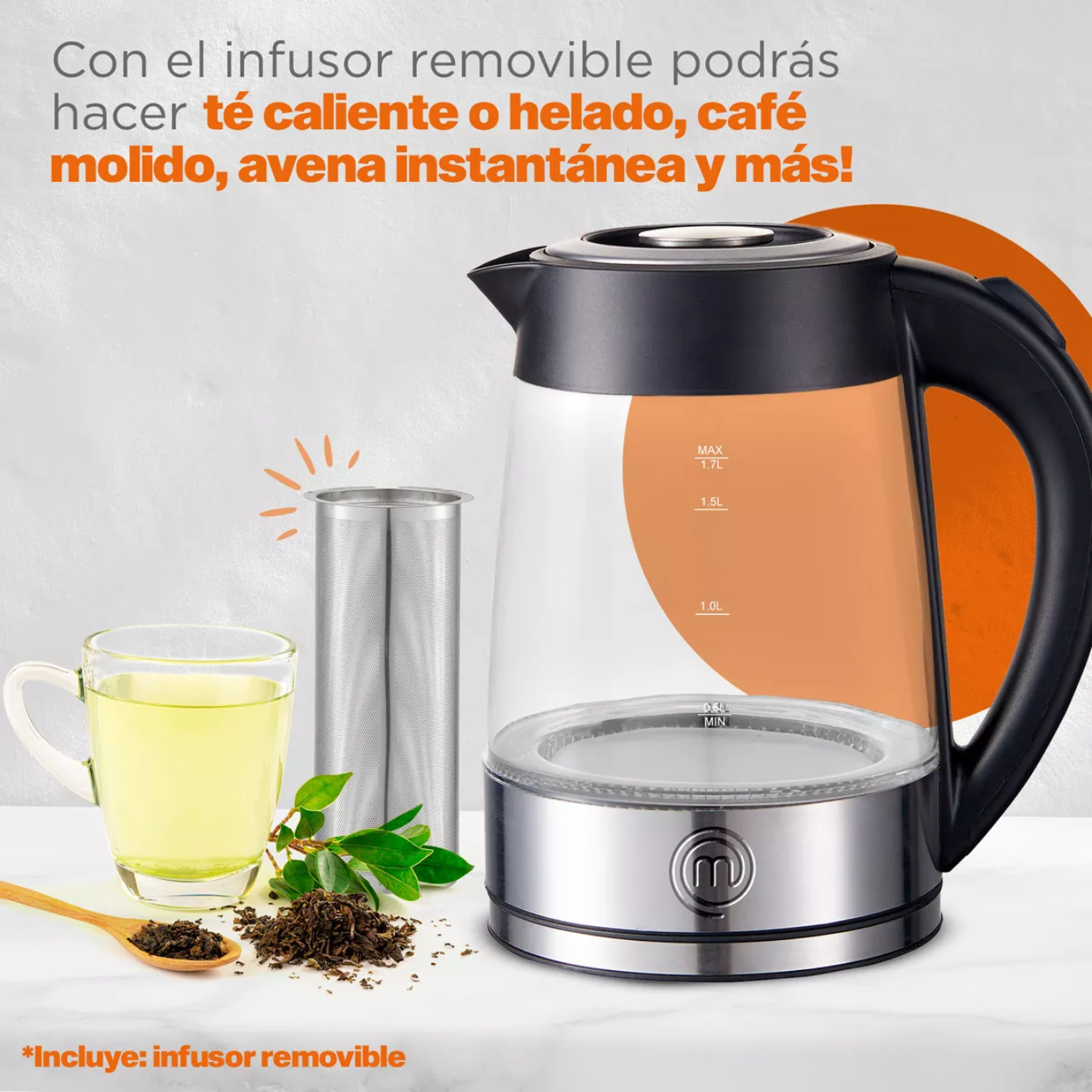 Tetera Eléctrica Fuse Con Infusor 1.7 Lt Acero Masterchef