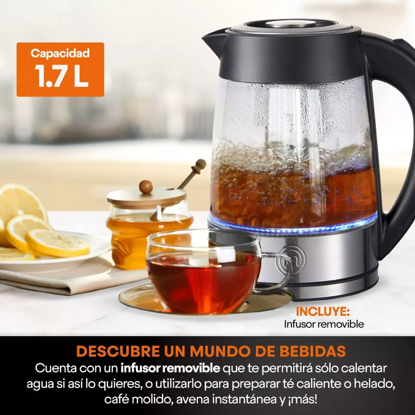 Tetera Eléctrica Fuse Con Infusor 1.7 Lt Acero Masterchef