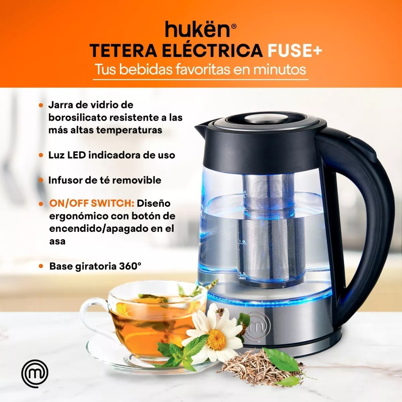 Tetera Eléctrica Fuse Con Infusor 1.7 Lt Acero Masterchef