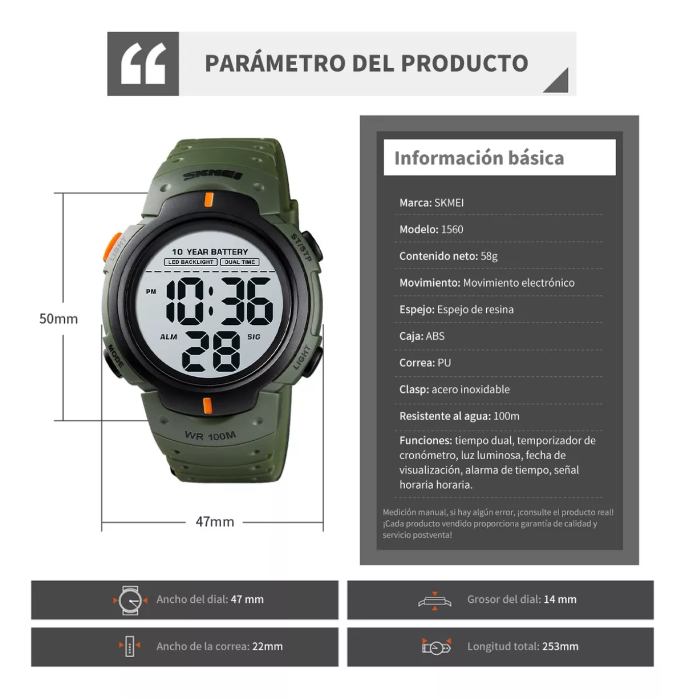 Reloj Pulsera Digital Skmei 1560 10atm Reloj De Buceo Nadar