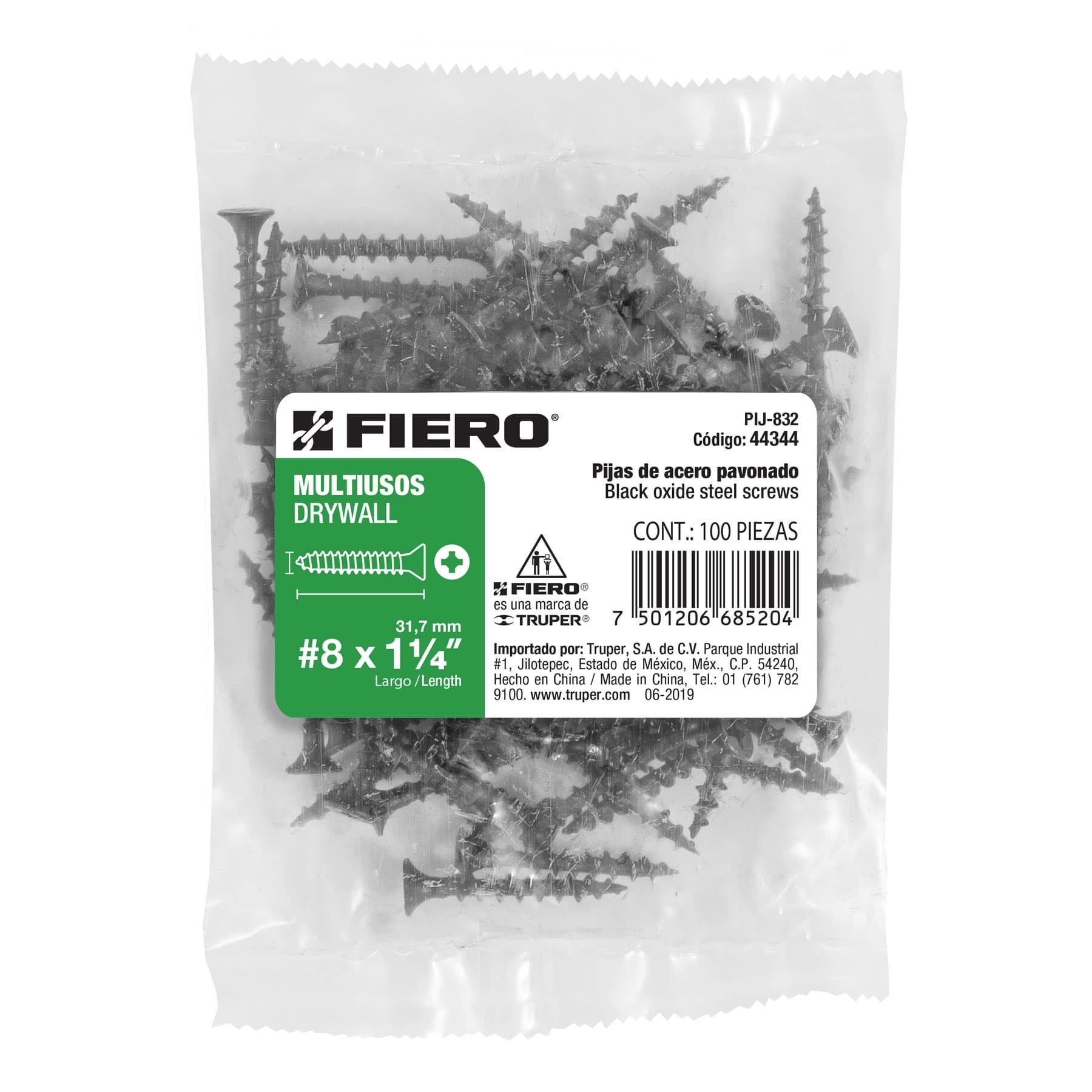 BOLSA CON 100 PIJAS #8 X 1-1/4" MULTIUSOS, FIERO 44344