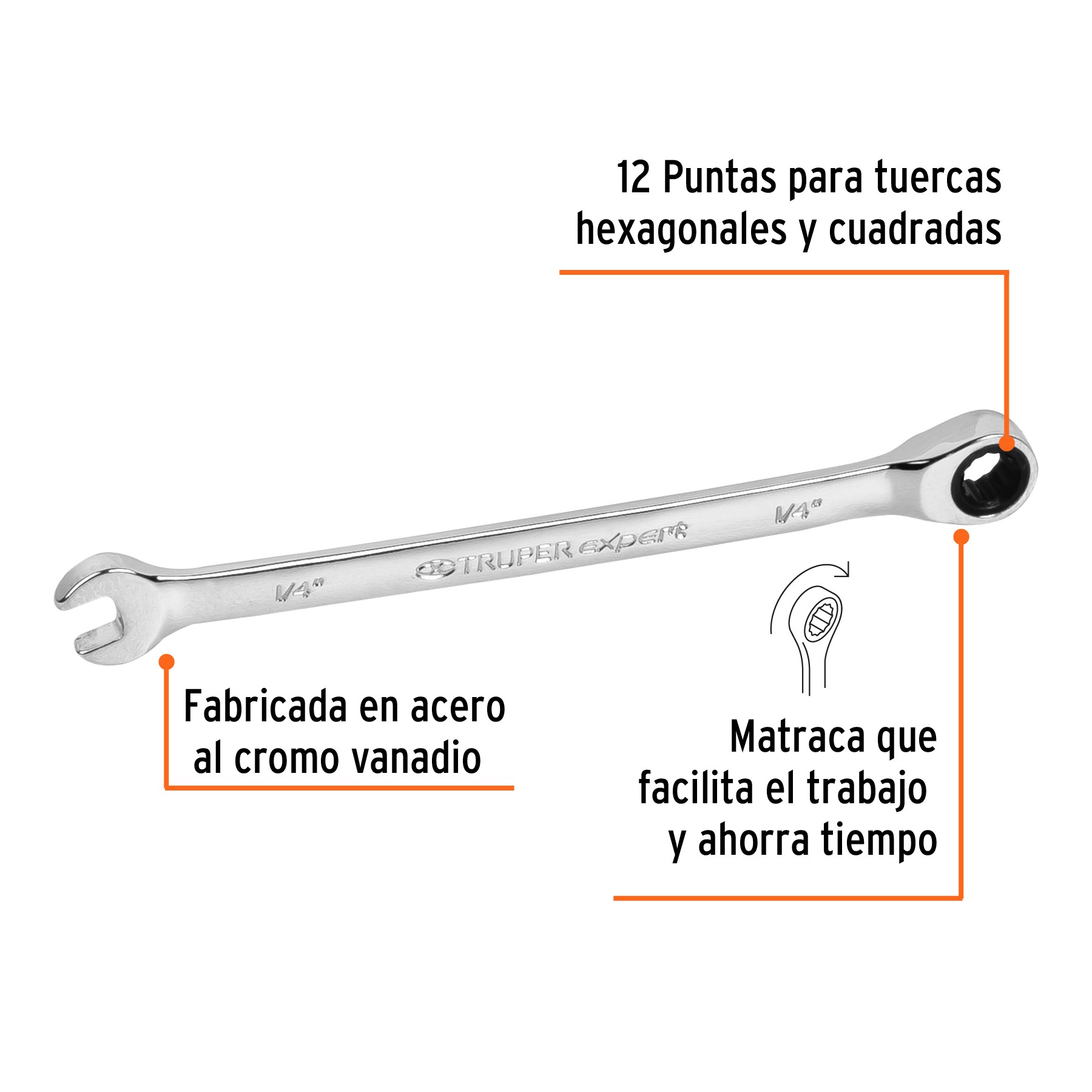 LLAVE COMBINADA CON MATRACA 1/4" X 120 MM LARGO, TRUPER EXPERT 13601