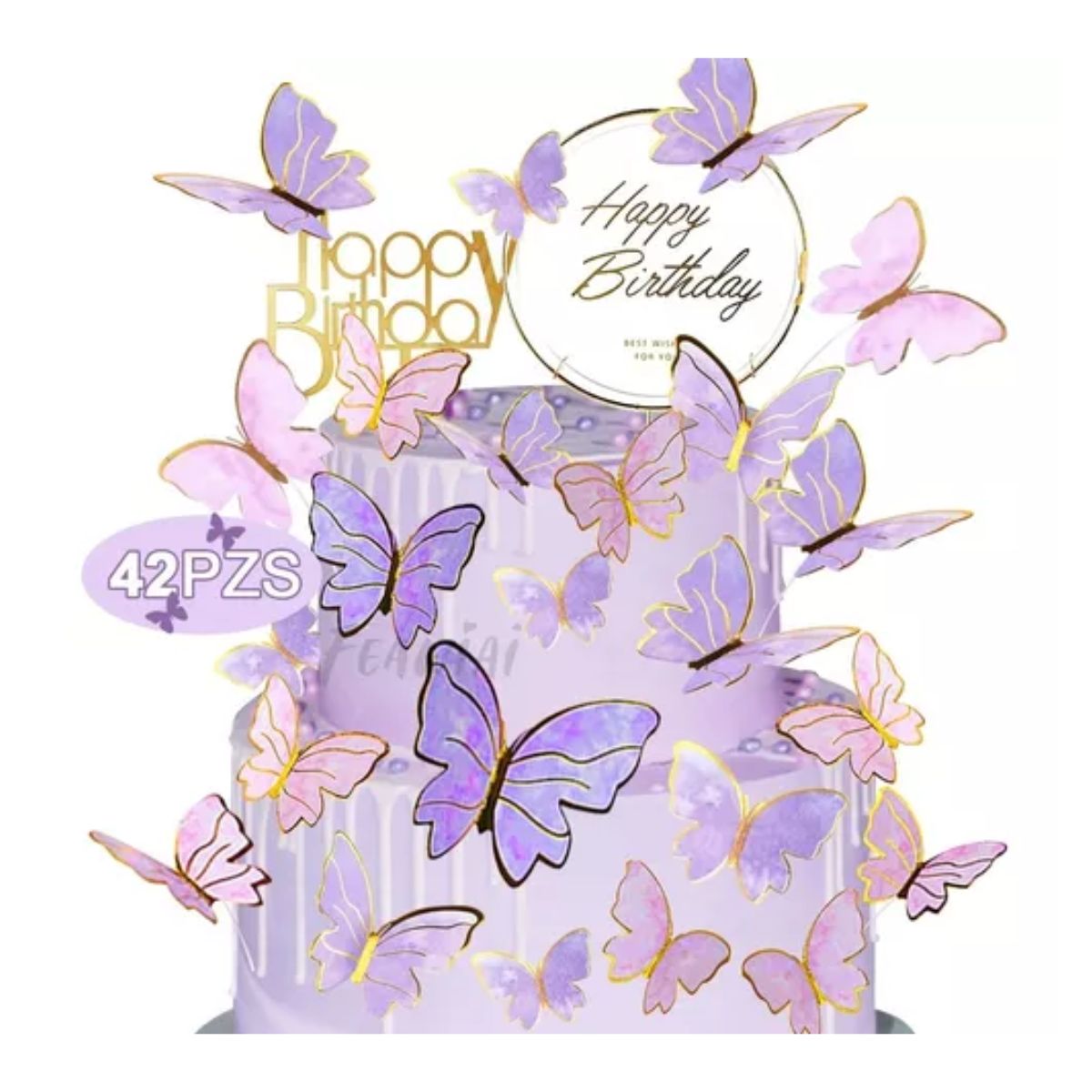 42pzs Decoración Pastel De Mariposa Letrero Feliz Cumpleaños Morado