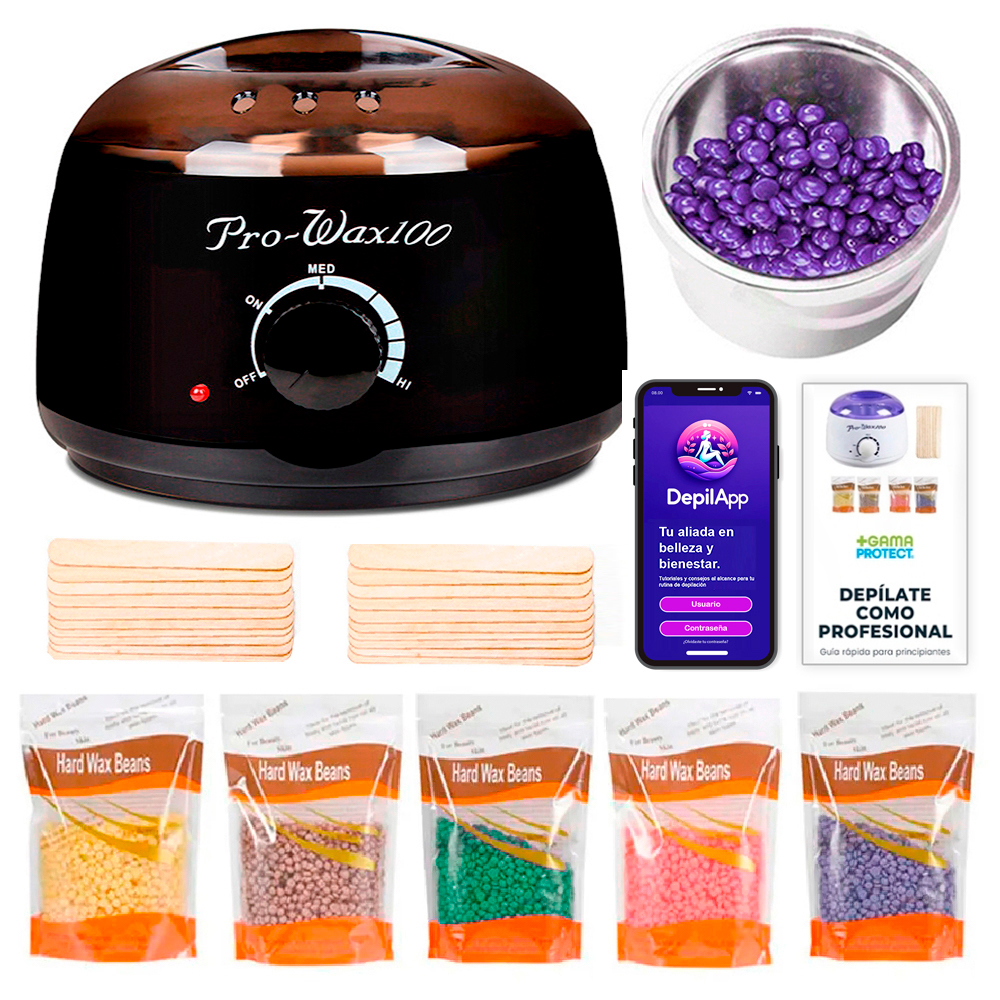 Calentador Fundidor de Cera De Colores para Depilación con 5 paquetes de Perlas de Cera Española para depilar 100 gramos y Aplicadores, Pro-Wax100 Negro