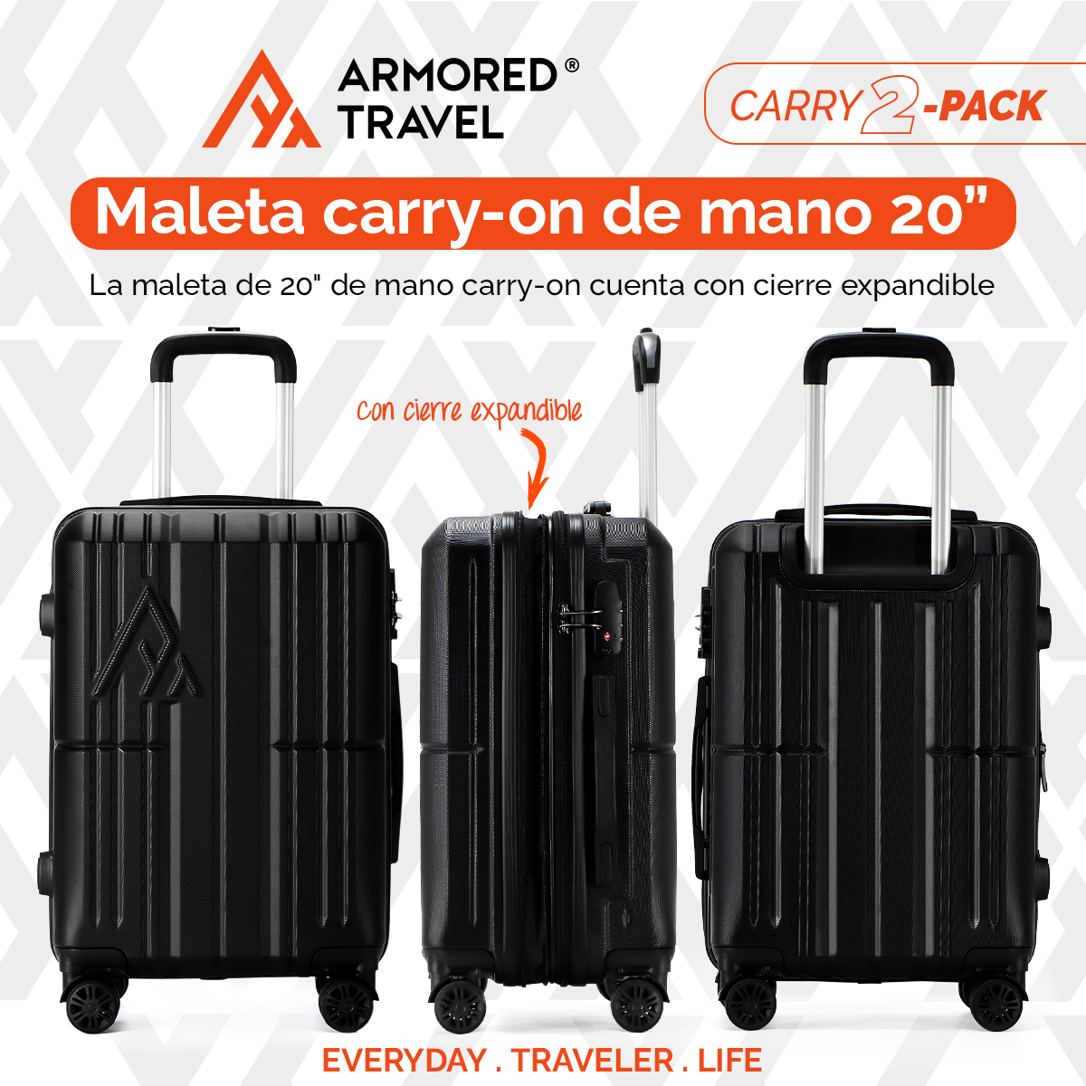 Maletas de viaje carry on de mano cabina 10kg Rígida set de viaje 2 pack 20 + 16 pulgadas ABS doble calibre con cierre expandible y candado alta seguridad TSA LOCK Negro Armored travel