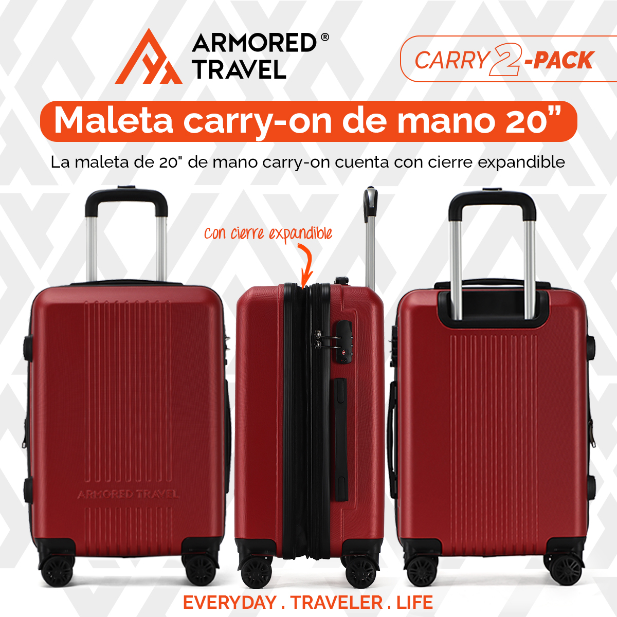 Maletas de viaje carry on de mano cabina 10kg Rígida set de viaje 2 pack 20 + 16 pulgadas ABS doble calibre con cierre expandible y candado alta seguridad TSA LOCK Rojo Armored travel
