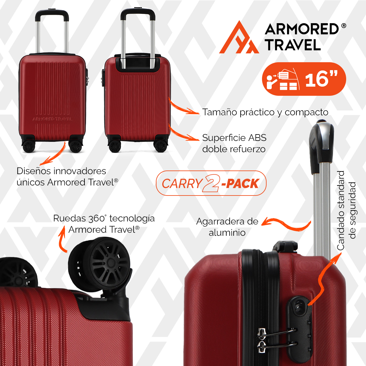 Maletas de viaje carry on de mano cabina 10kg Rígida set de viaje 2 pack 20 + 16 pulgadas ABS doble calibre con cierre expandible y candado alta seguridad TSA LOCK Rojo Armored travel