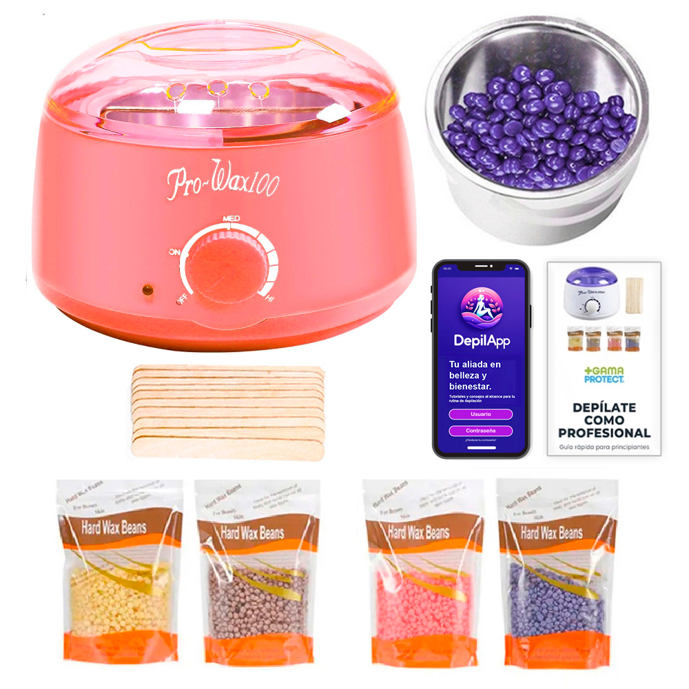 Calentador Fundidor de Cera para Depilación con 4 paquetes de Perlas de Cera Española para depilar 100 gramos y Aplicadores, Pro-Wax100 Rosa