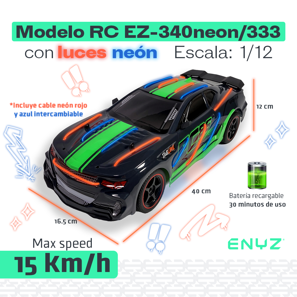 Carro a control remoto con luces de neon auto RC Racing car carreras RC 15 km h escala 1:12 con batería recargable