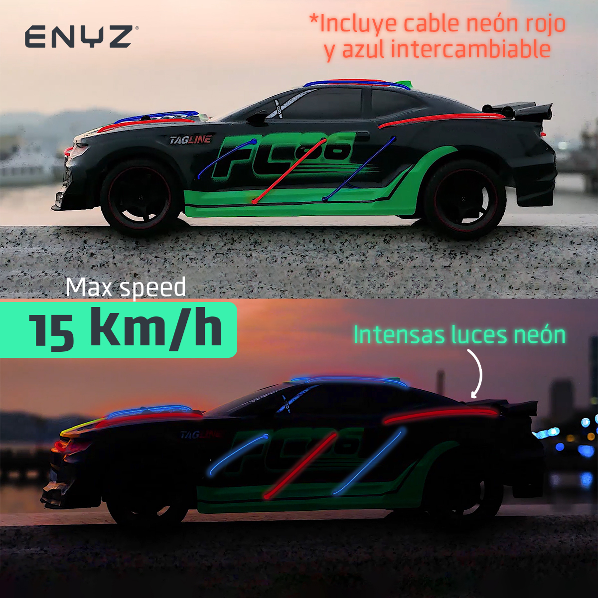 Carro a control remoto con luces de neon auto RC Racing car carreras RC 15 km h escala 1:12 con batería recargable