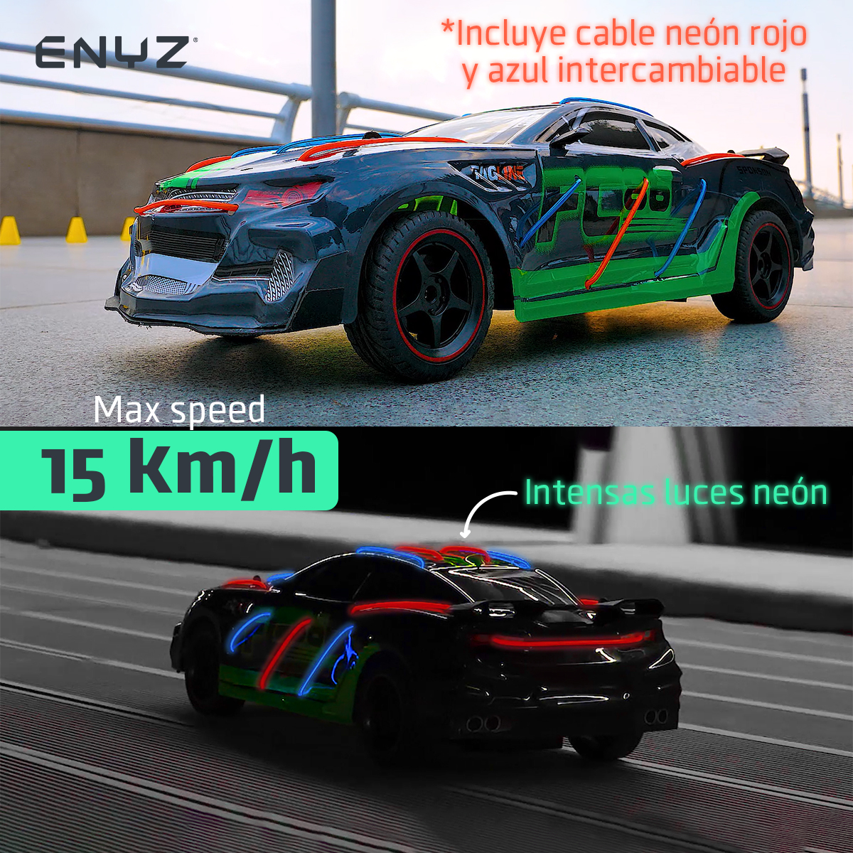 Carro a control remoto con luces de neon auto RC Racing car carreras RC 15 km h escala 1:12 con batería recargable