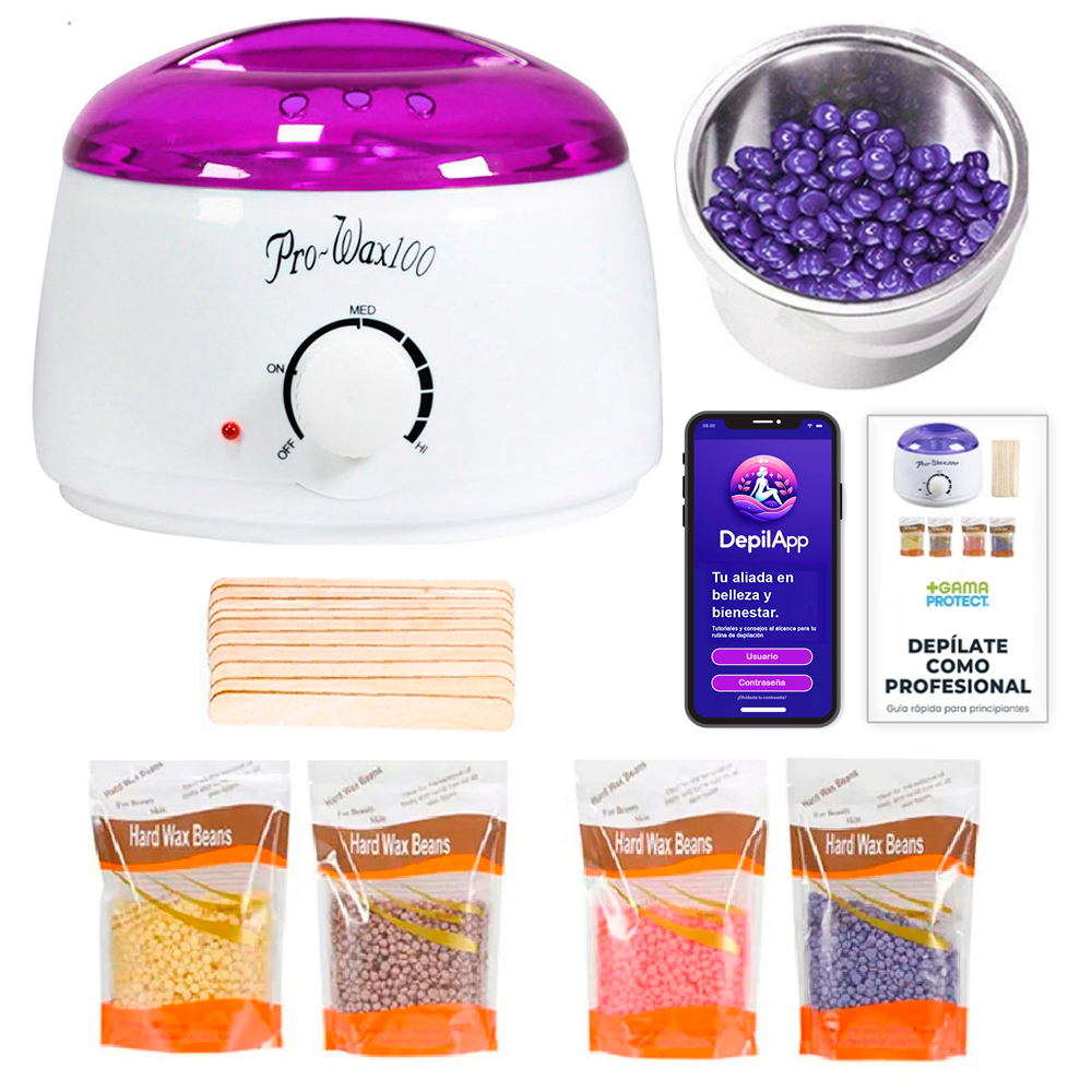 Calentador Fundidor de Cera para Depilación con 4 paquetes de Perlas de Cera Española para depilar 100 gramos y Aplicadores, Pro-Wax100 Blanco Morado
