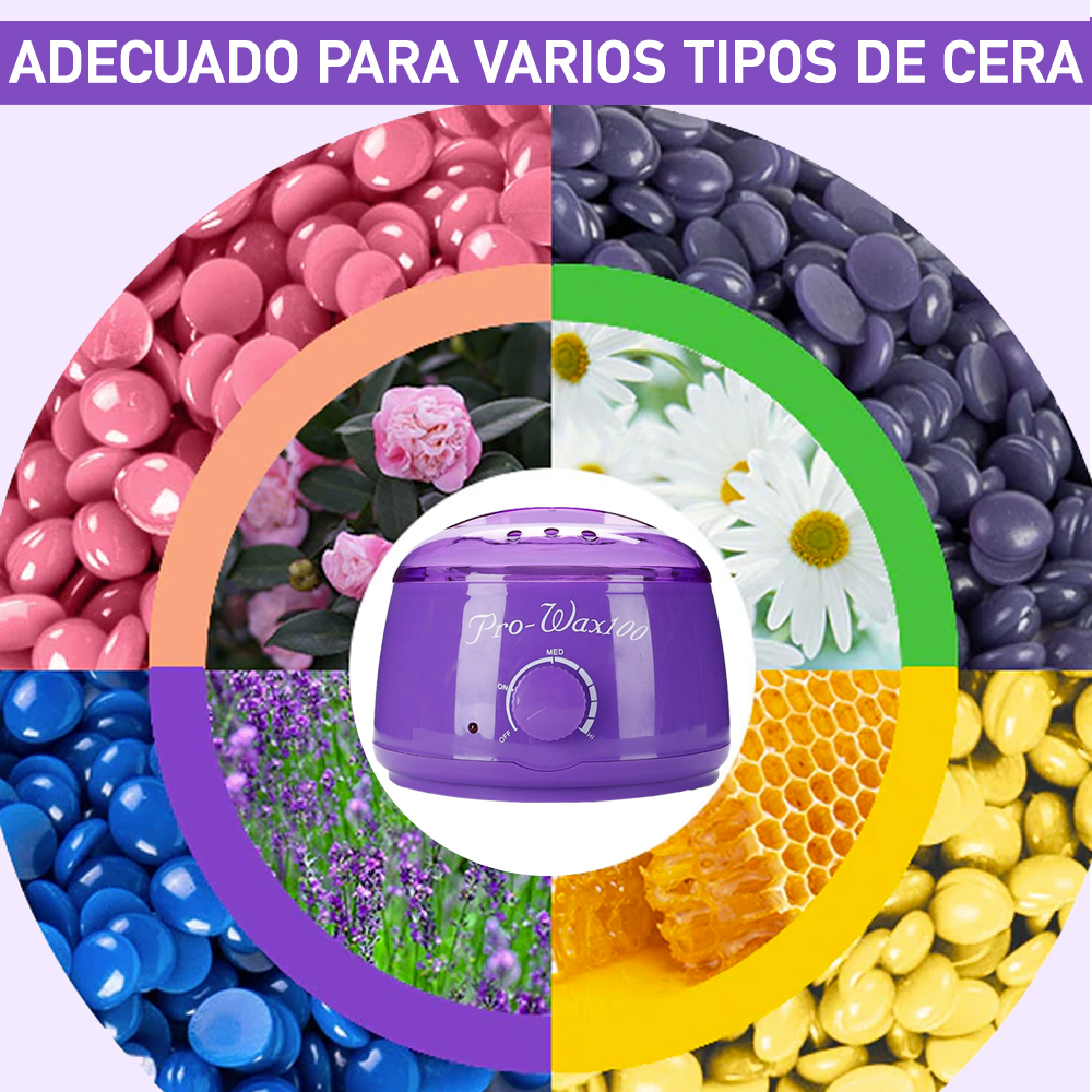 Calentador Fundidor de Cera para Depilación con 4 paquetes de Perlas de Cera Española para depilar 100 gramos y Aplicadores, Pro-Wax100 Blanco Morado
