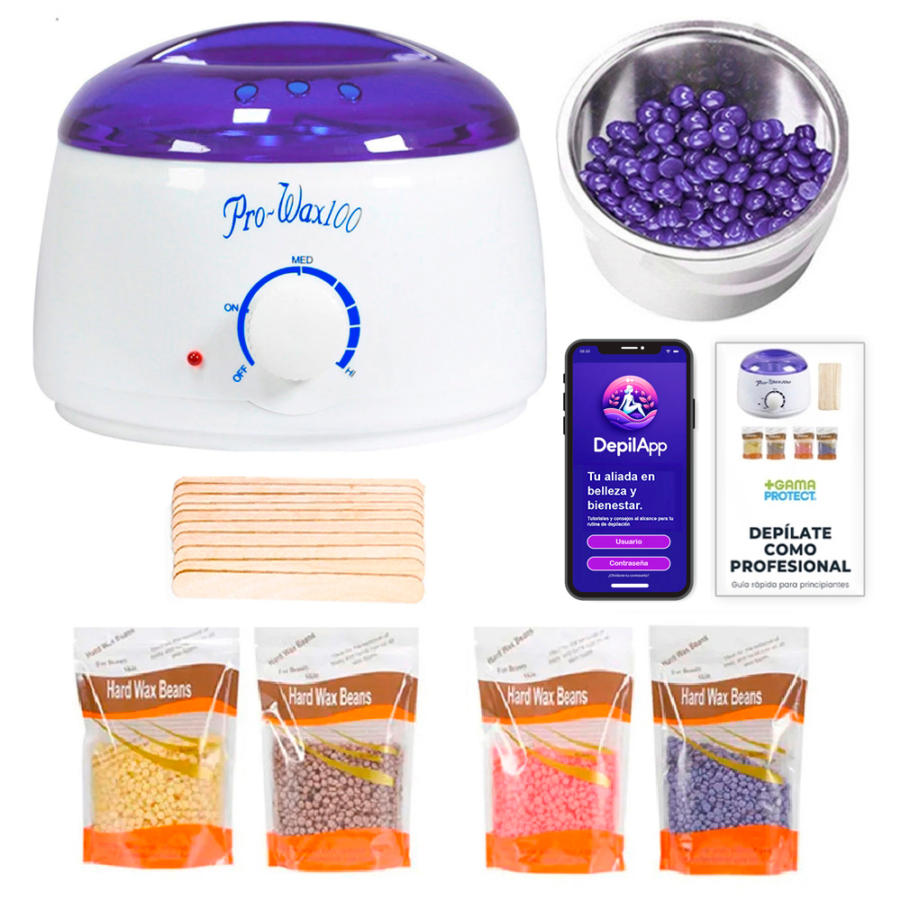 Calentador Fundidor de Cera para Depilación con 4 paquetes de Perlas de Cera Española para depilar 100 gramos y Aplicadores, Pro-Wax100 Blanco Azul