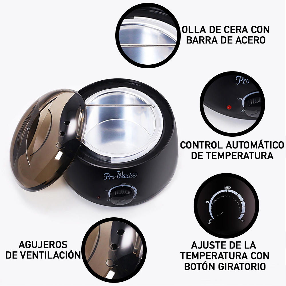 Calentador Fundidor de Cera para Depilación con 4 paquetes de Perlas de Cera Española para depilar 100 gramos y Aplicadores, Pro-Wax100 Blanco Azul