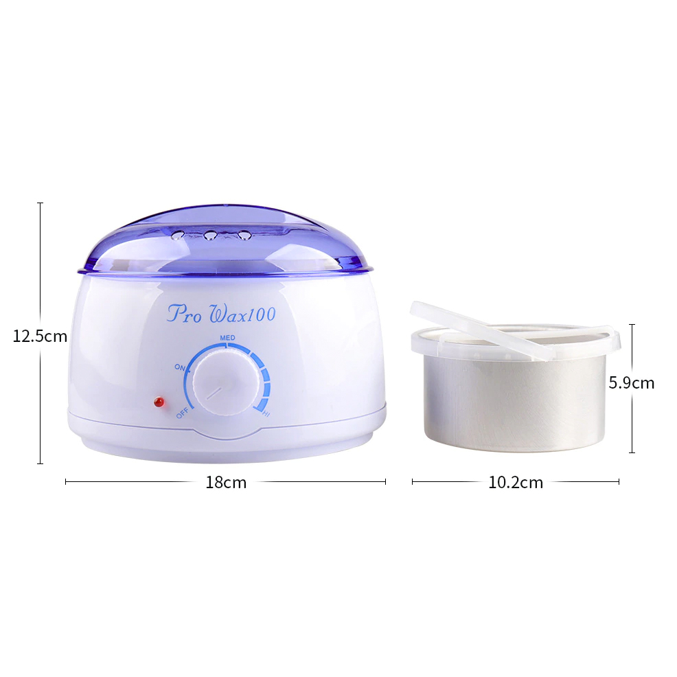 Calentador Fundidor de Cera para Depilación con 4 paquetes de Perlas de Cera Española para depilar 100 gramos y Aplicadores, Pro-Wax100 Blanco Azul