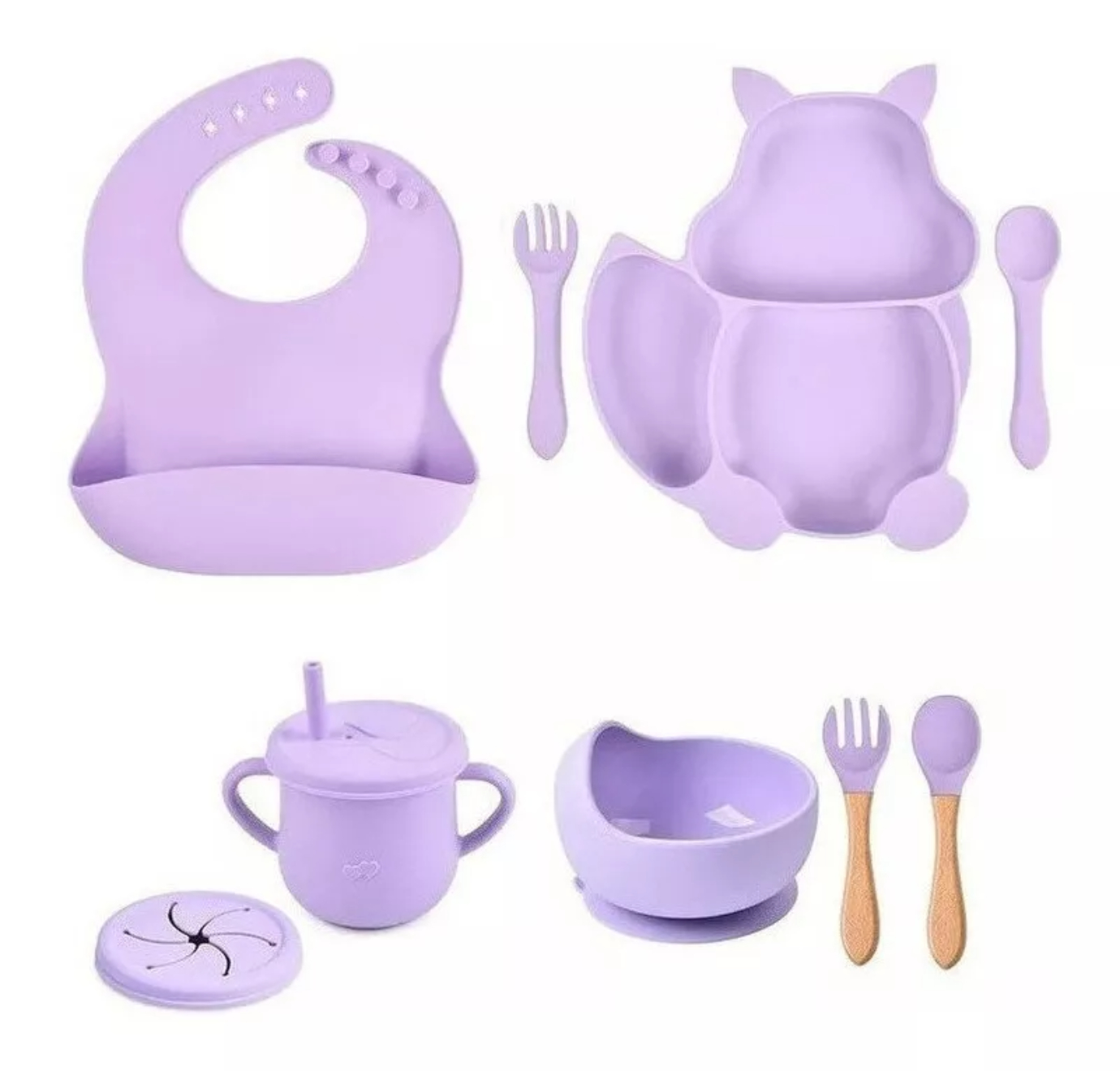 Platos Para Bebés Silicona Bowl Copa Cuchara Tenedor Babero, color PÚRPURA CLARO
