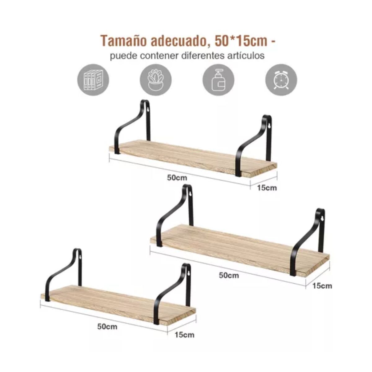 3 Repisas Repisa Flotante Madera 50x15cm Muebles Con Soporte Negro Claro