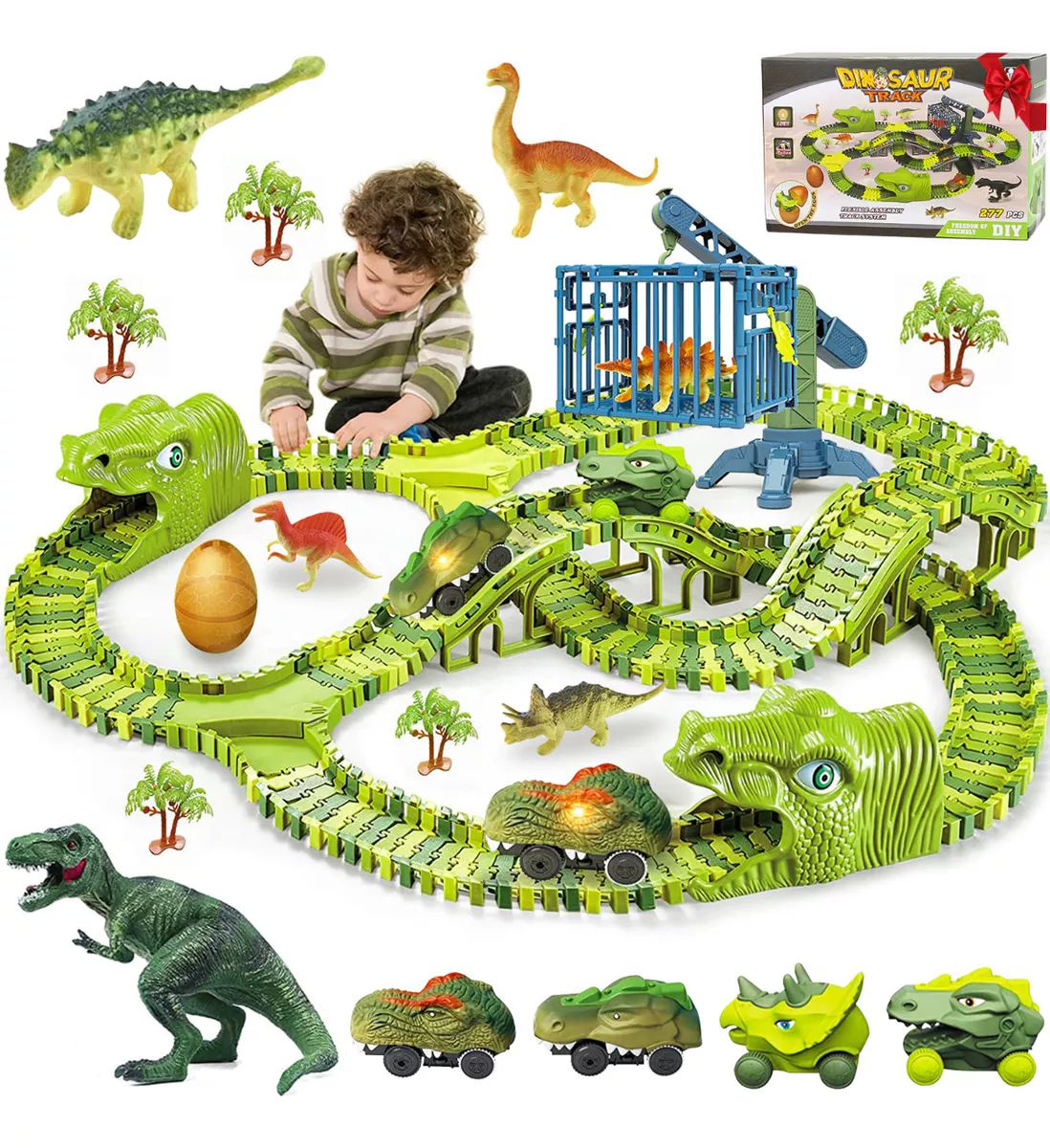 278 Piezas Pista Carreras Carros Coches Infantil de Dinosaurios para Niños con 4 Carros Juguetes