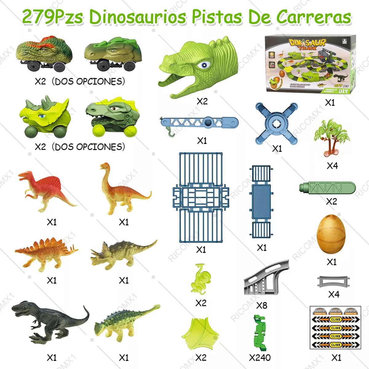 278 Piezas Pista Carreras Carros Coches Infantil de Dinosaurios para Niños con 4 Carros Juguetes