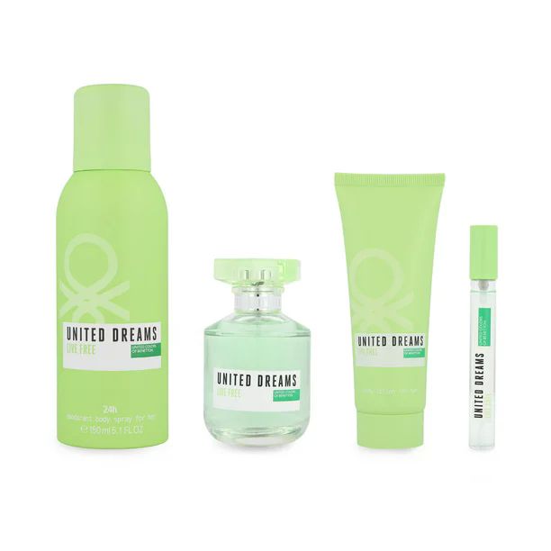 perfume set united dream live free 4pzs edt 80ml/desodorante 150ml/body lotion 75ml/edt 10ml
