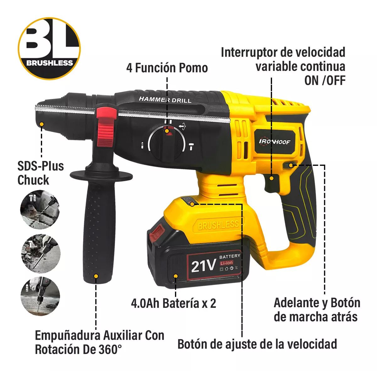 Taladros Rotomartillo Inalámbrica Sds-plus Ironhoof 3 Modos