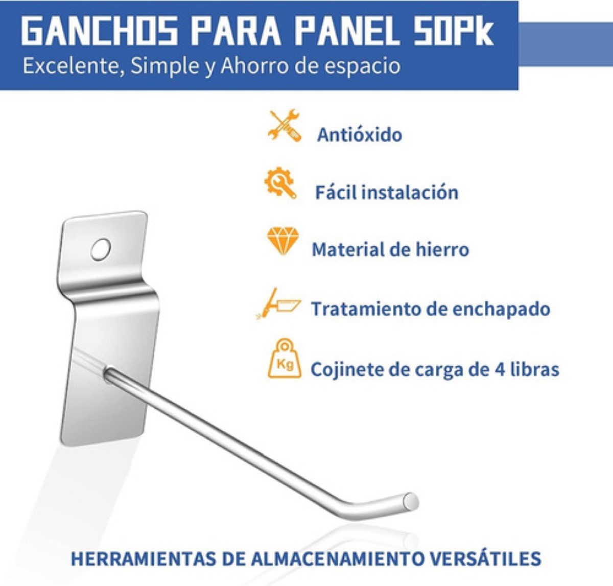 Gancho Blister Panel Ranurado Exhibipanel 20 cm 50 Piezas, Plata