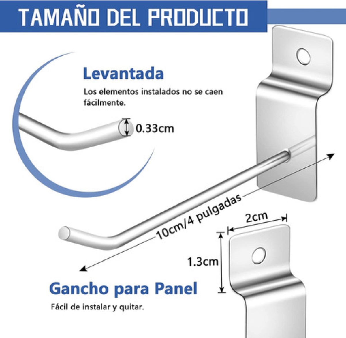 Gancho Blister Panel Ranurado Exhibipanel 10 cm 100 Piezas, Plata