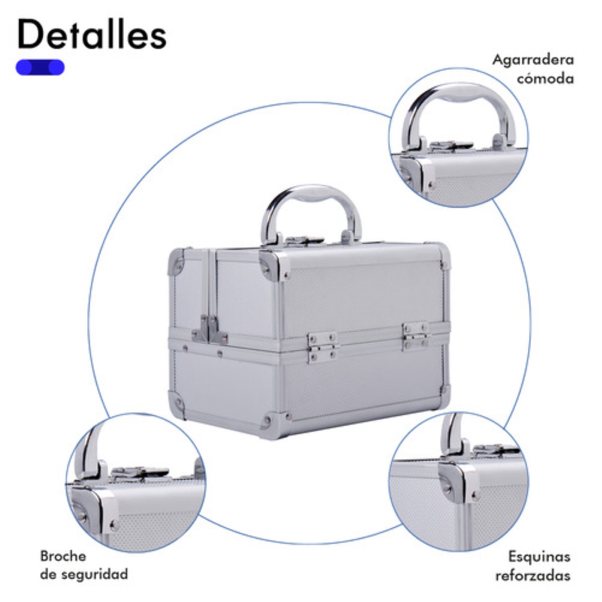 Neceser Maletín Metálico Reforzado Cosmetiquera Profesional Color Plateado