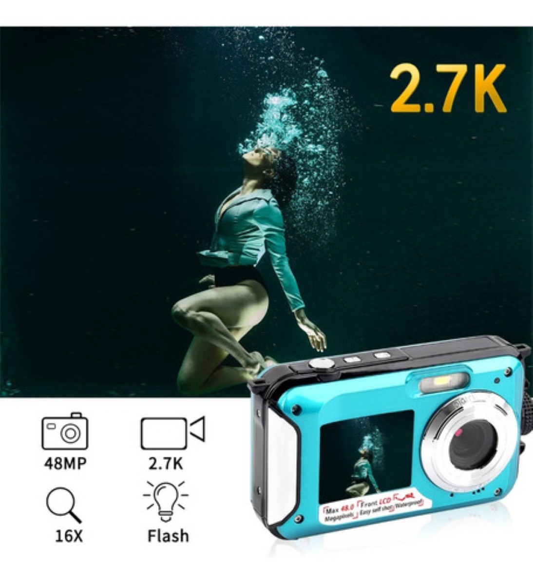 Fotocamera Digitale Impermeabile 2.7K 48MP Con Doppio Schermo E Stabilizzatore – Subacquea 3m Per Bambini E Adolescenti (Giallo)