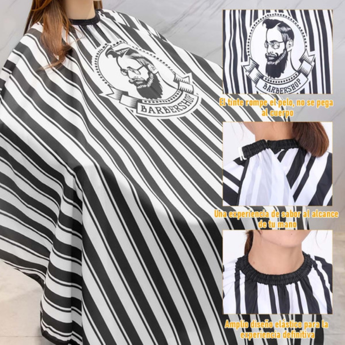 Capa De Barbería Al Agua Y Cepillo Repelente 2 Piezas Negro/Blanco Rallado