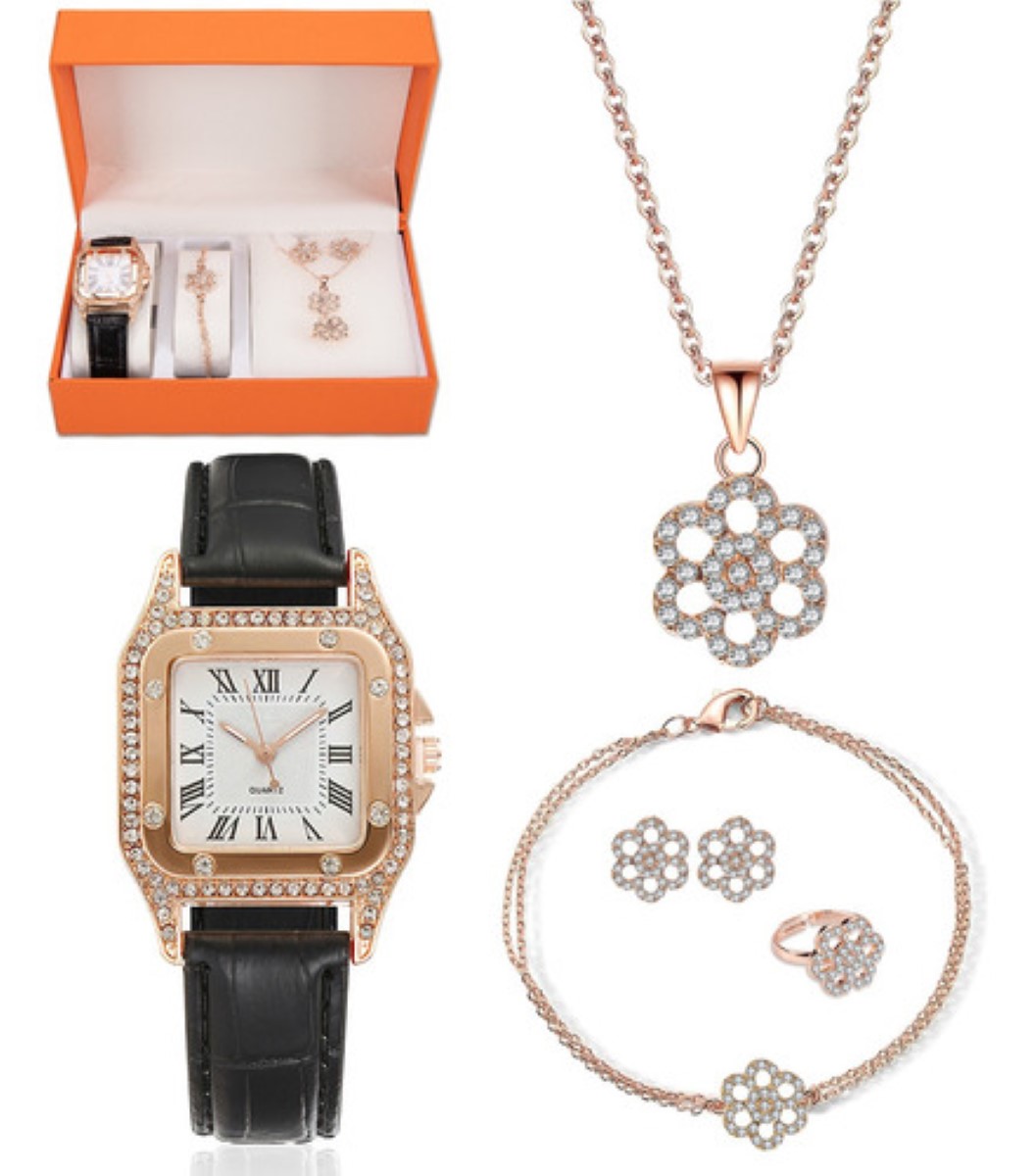 Kit De Reloj Y Joyas 5 Piezas Mujer EStuvhe naranja Reloj Negro