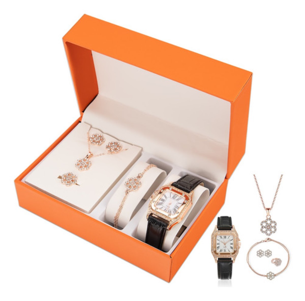 Kit De Reloj Y Joyas 5 Piezas Mujer EStuvhe naranja Reloj Negro