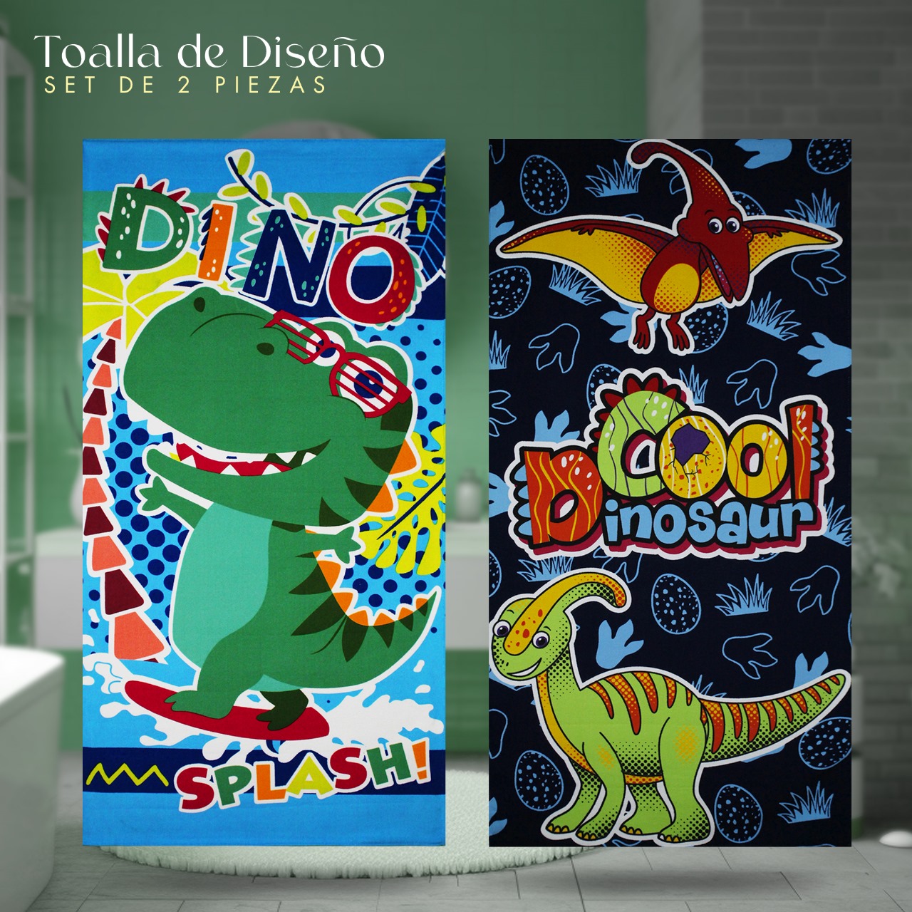 Set 2 Toallas De Baño Grande Diseño Dinosaurios Microfibra de Poliéster Suave Absorbente Secado Rápido Multiuso
