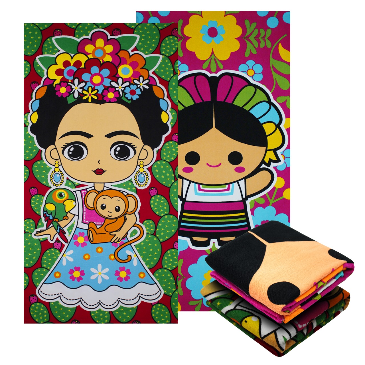 Set 2 Toallas De Baño Grande Diseño Frida y Lele Microfibra de Poliéster Suave Absorbente Secado Rápido Multiuso.