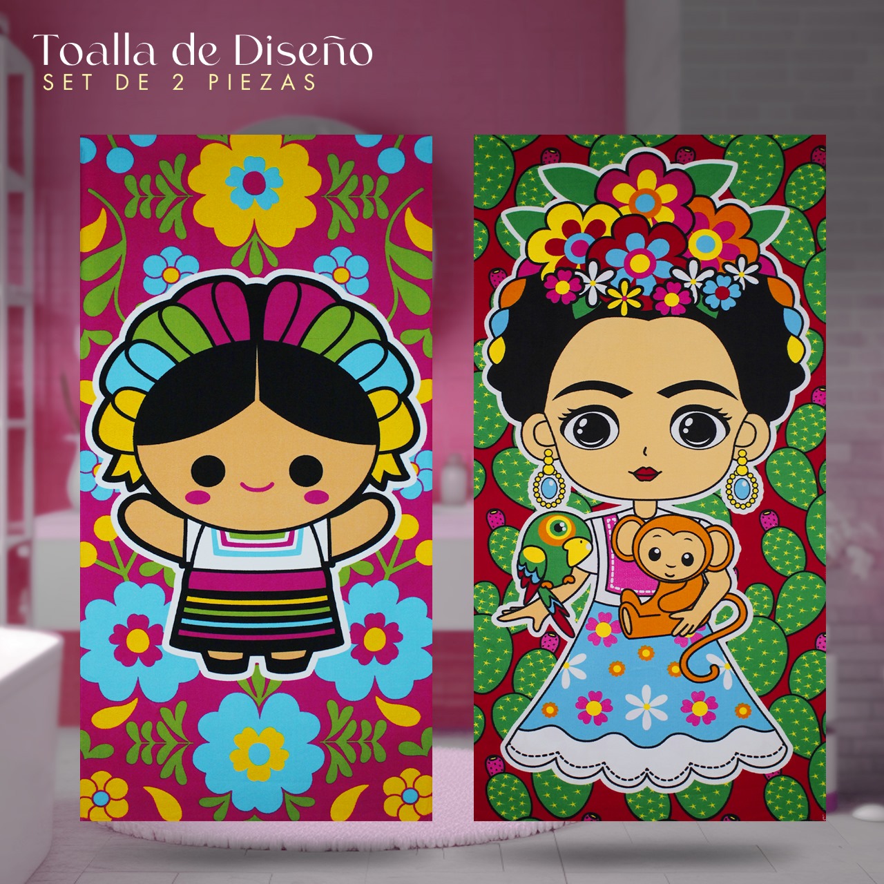 Set 2 Toallas De Baño Grande Diseño Frida y Lele Microfibra de Poliéster Suave Absorbente Secado Rápido Multiuso.