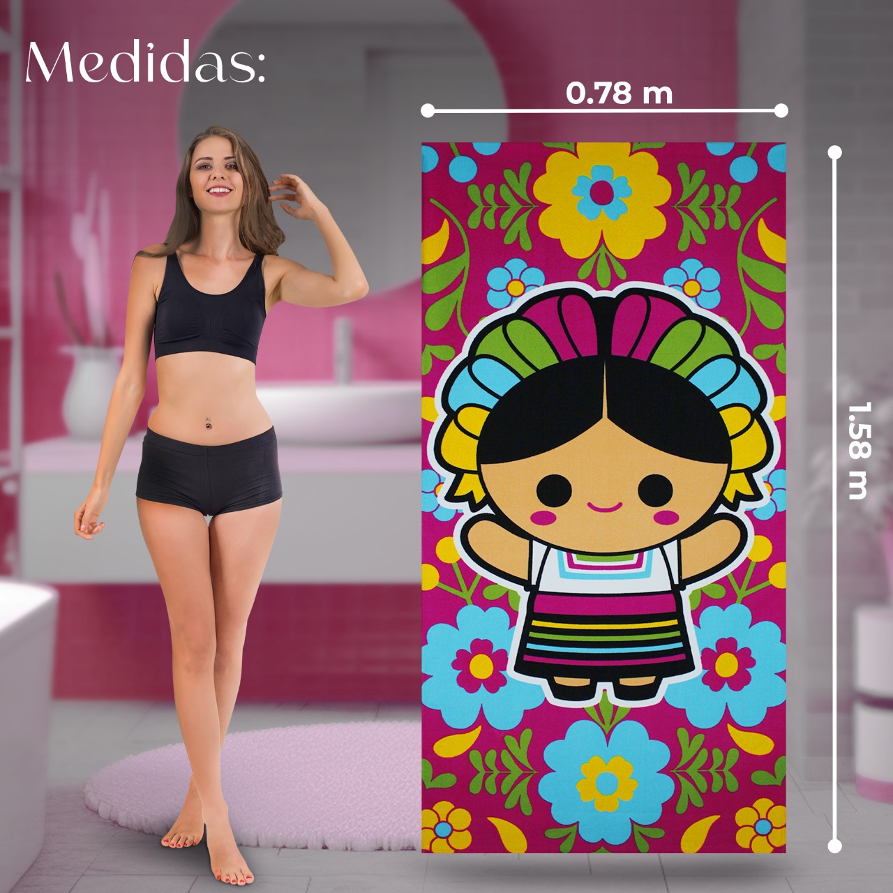 Set 2 Toallas De Baño Grande Diseño Frida y Lele Microfibra de Poliéster Suave Absorbente Secado Rápido Multiuso.