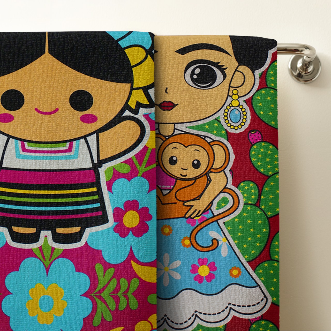 Set 2 Toallas De Baño Grande Diseño Frida y Lele Microfibra de Poliéster Suave Absorbente Secado Rápido Multiuso.