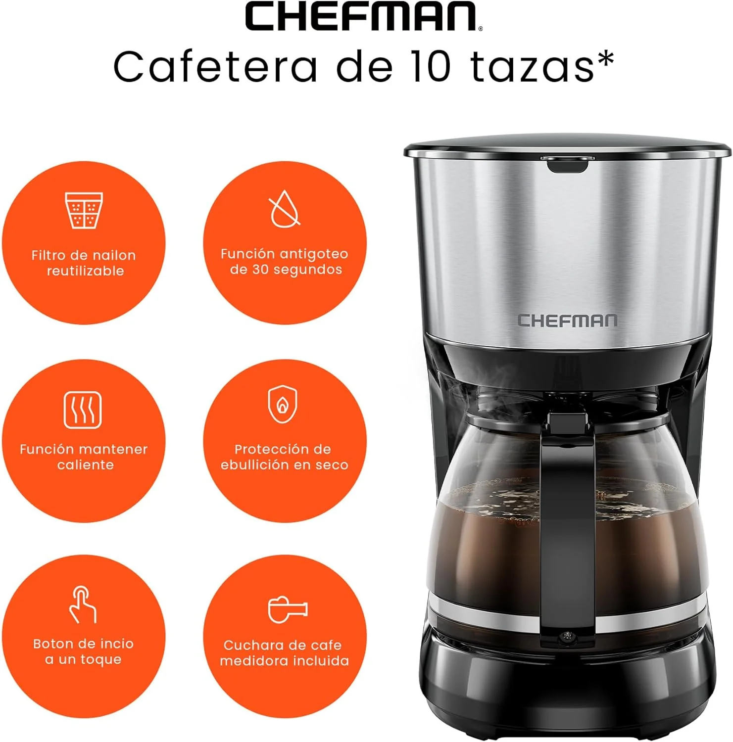 Cafetera Chefman RJ14-10-SS-MX de Goteo 10 Tazas Negra