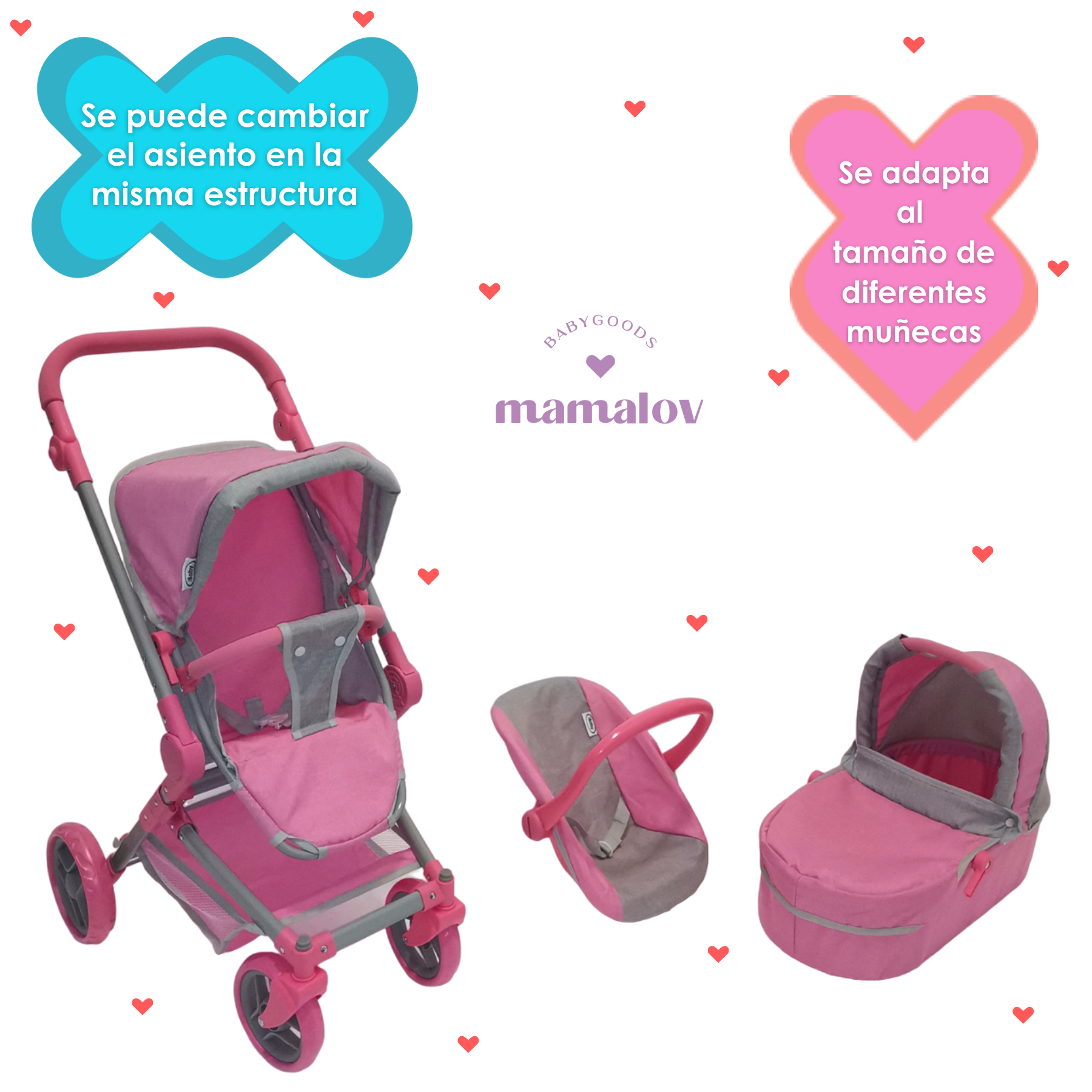 Carriolita De Juguete 3en1 Para Muñecas Ibaby Combo Tré Rosa