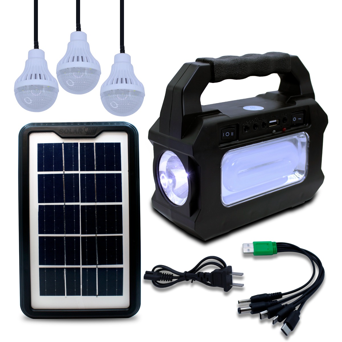 Lámpara Más Tres Focos Y Panel Solar Para Recargar / Gd-8080