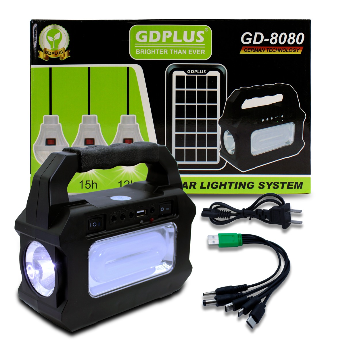 Lámpara Más Tres Focos Y Panel Solar Para Recargar / Gd-8080