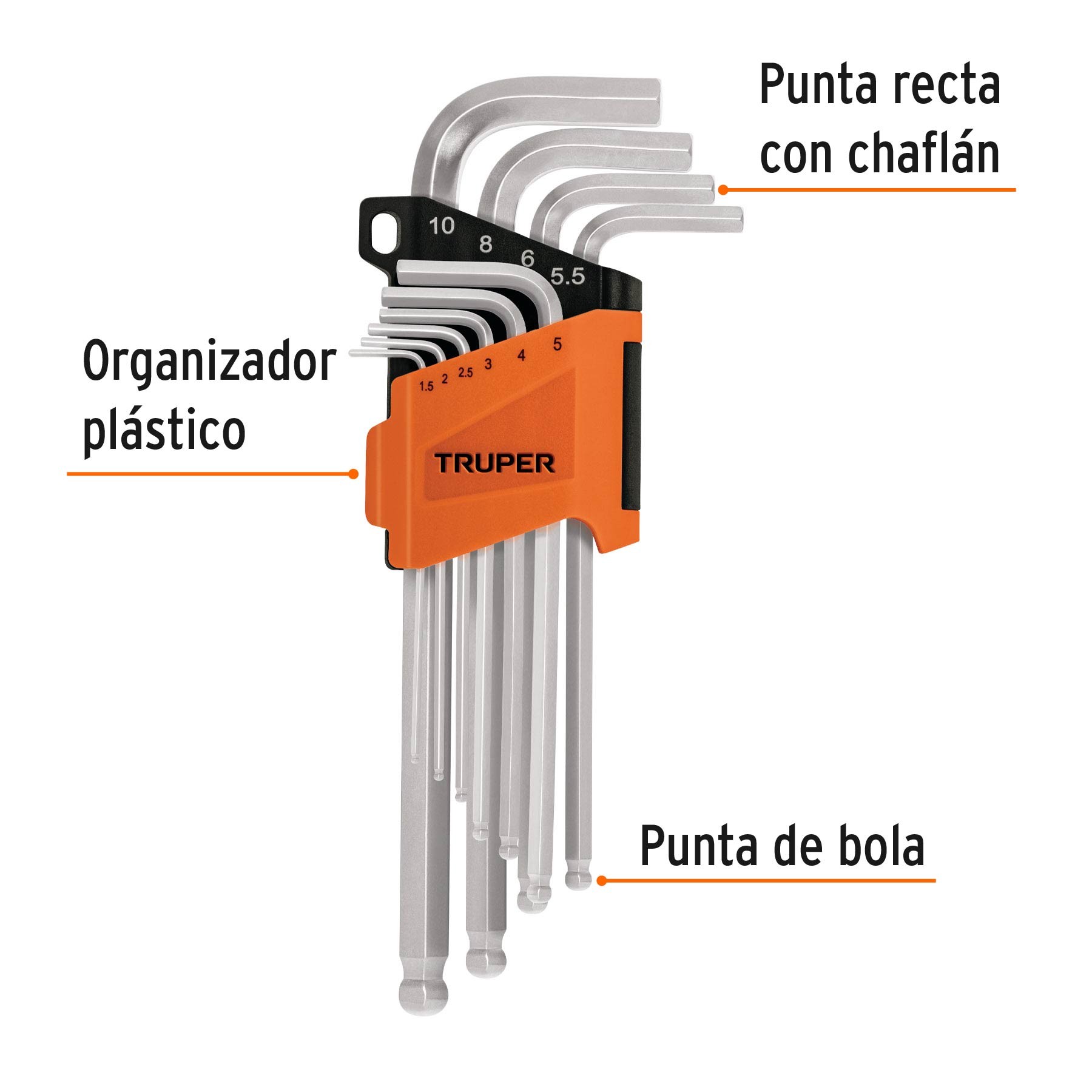 JUEGO 10 LLAVES ALLEN LARGAS MM PUNTA BOLA CON ORGANIZADOR TRUPER 13644