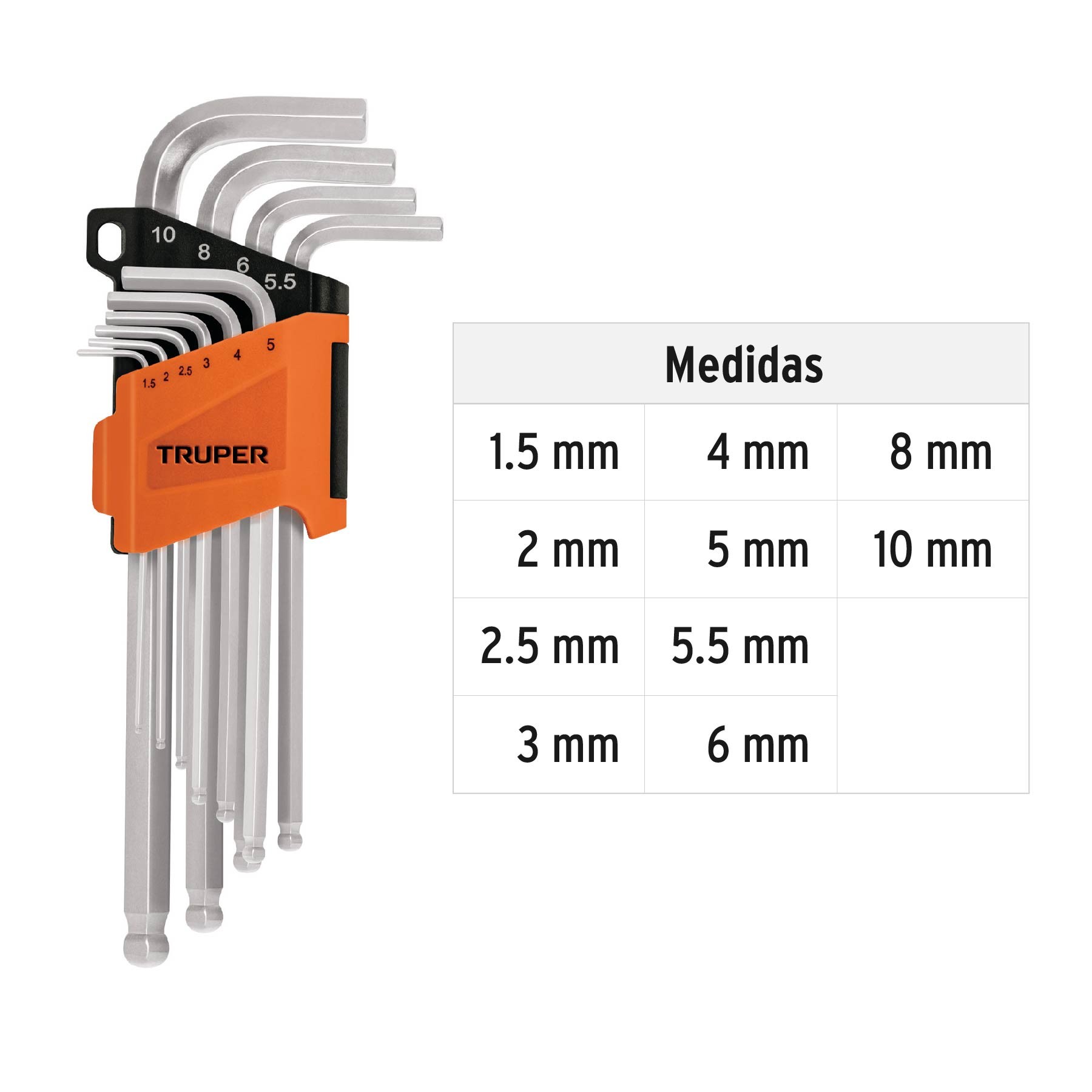 JUEGO 10 LLAVES ALLEN LARGAS MM PUNTA BOLA CON ORGANIZADOR TRUPER 13644