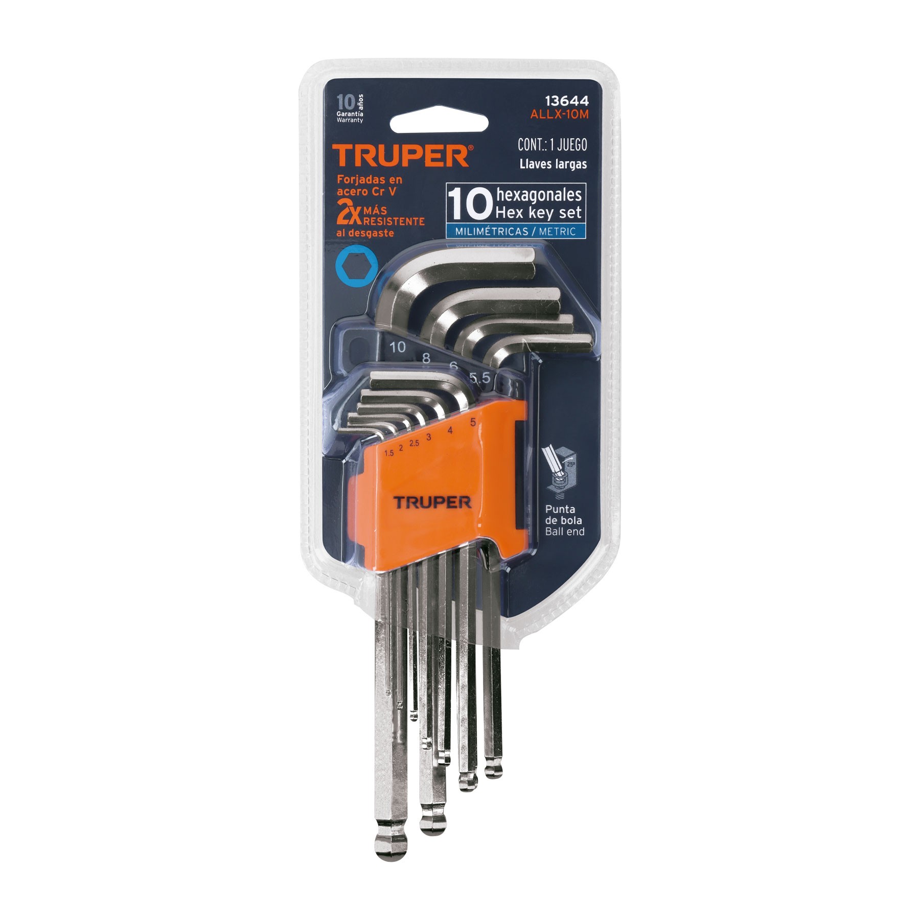 JUEGO 10 LLAVES ALLEN LARGAS MM PUNTA BOLA CON ORGANIZADOR TRUPER 13644