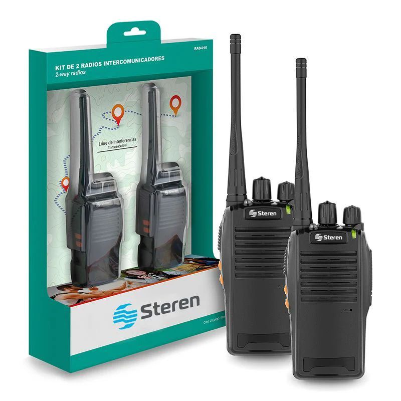 Kit de 2 radios intercomunicadores steren rad-010, bateria recargable, 16 canales, color negro